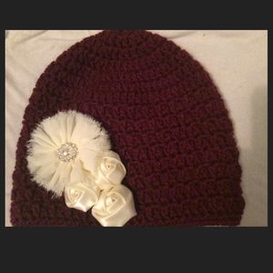 Ladies Burgundy Beanie with Cream Flowers